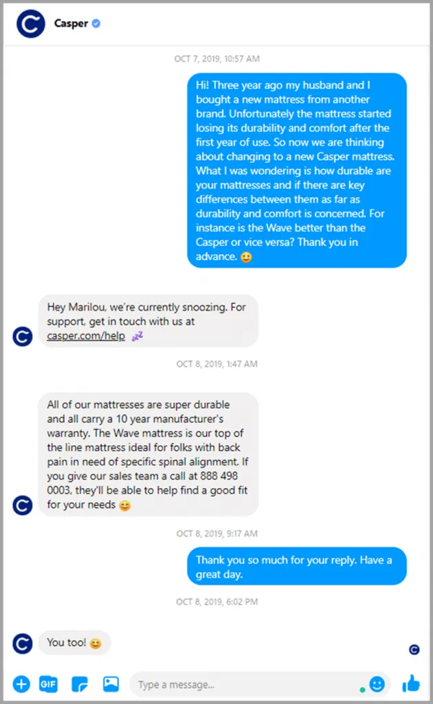 Here’s a direct message example from Casper