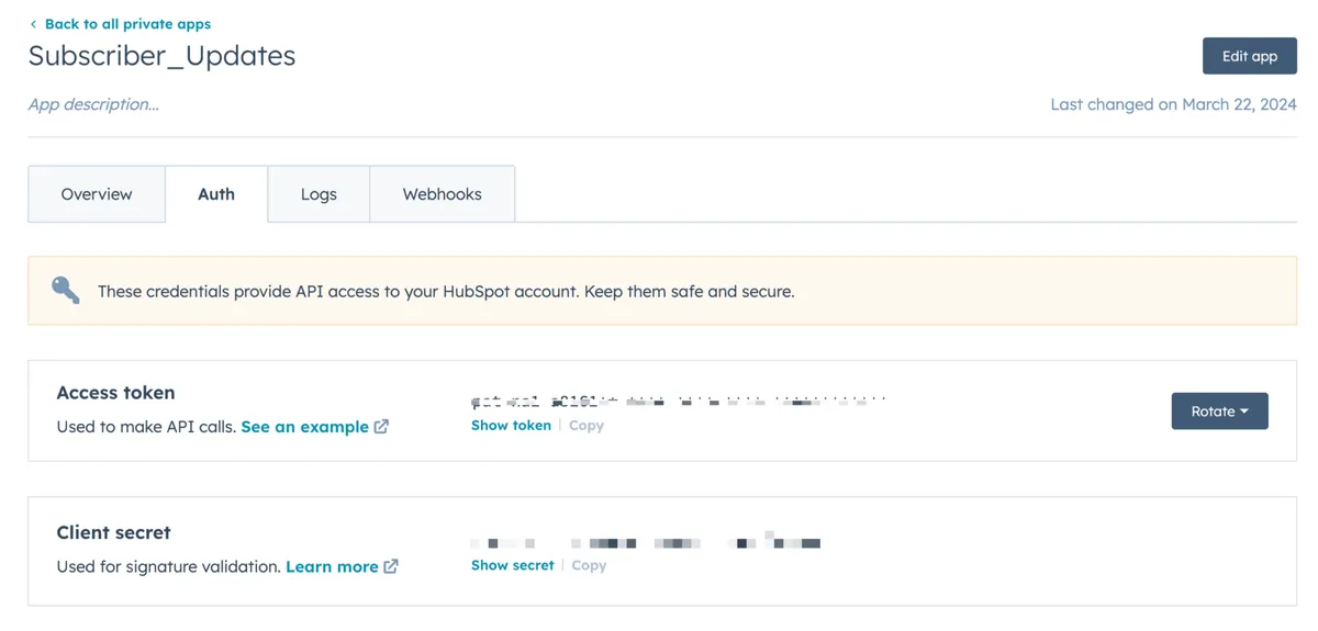 HubSpot API Access Token and Secret Key