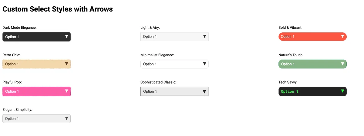 10 different styles using pure CSS and HTML for select inputs