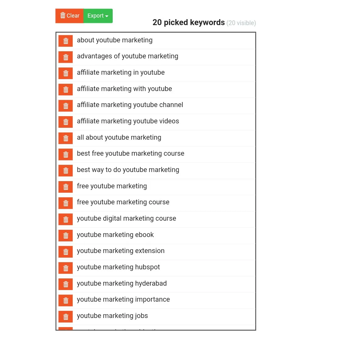 Keyword.io Keyword List Screenshot