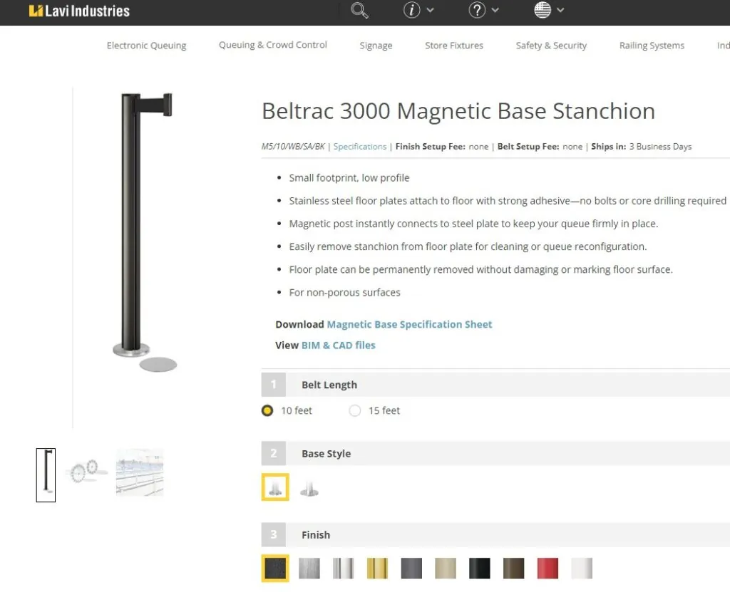 Example of an interactive web application, customizing a stanchion on the Lavi website.