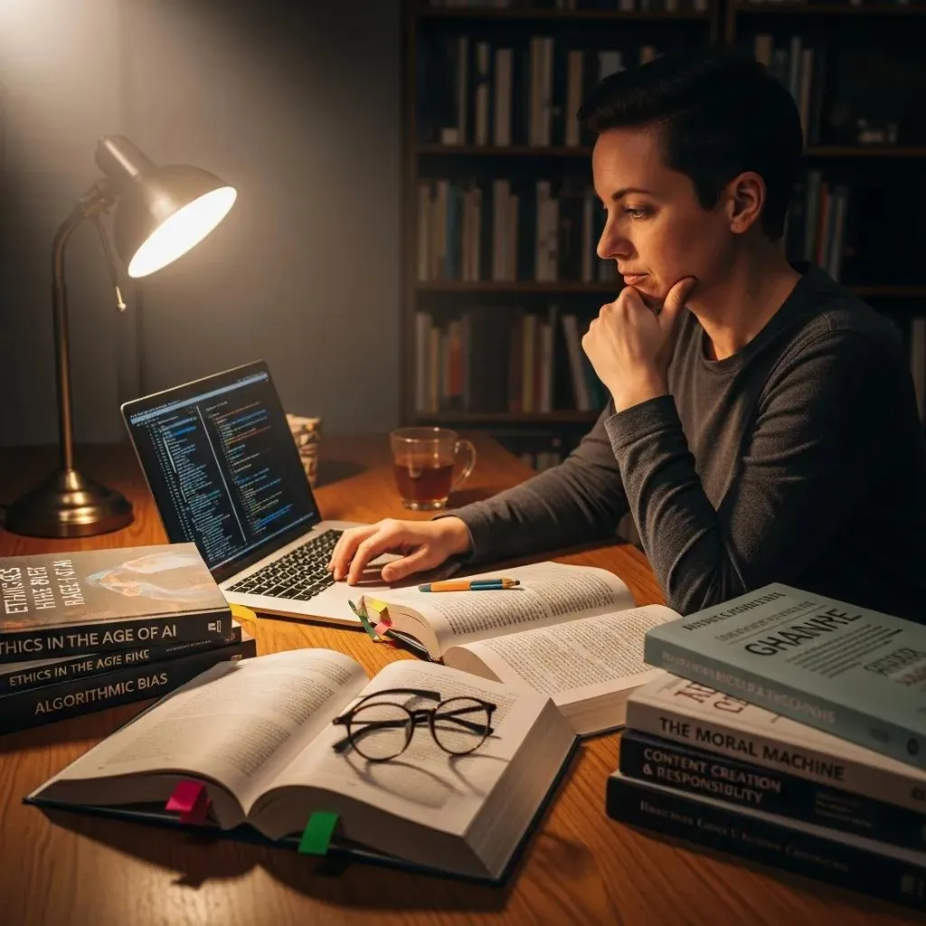 Person reflecting on ethical considerations of AI in blogging, surrounded by books