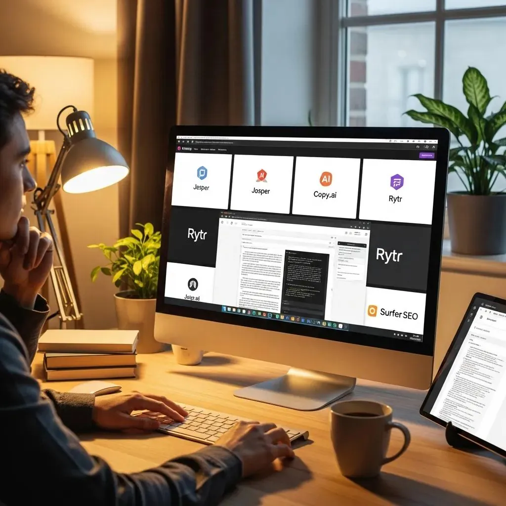 Person using AI writing tools in a cozy office setting, highlighting automated article writing